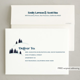 This is a navy business holiday cards with standard by Robert and Stella called happy hills printing on signature in standard