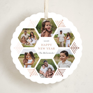 This is a chestnut holiday card ornaments with foil pressed by Beth Schneider called hexagon holiday printing on recycled smooth signature in ornament