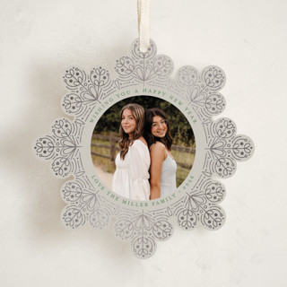 This is a snowfall holiday card ornaments with foil pressed by Amy Payne called scandinavian snowflake printing on recycled smooth signature in ornament