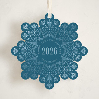 This is a ice holiday card ornaments with foil pressed by Ana de Sousa called christmas snowflake printing on signature in ornament