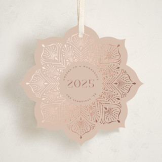 This is a winter rose holiday card ornaments with foil pressed by Ana de Sousa called poinsettia ornament printing on signature in ornament