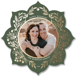 This is a green holiday card ornament by Ana Sharpe called Beloved Evergreen with foil-pressed printing on recycled smooth signature in ornament.