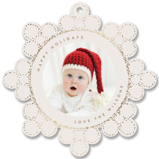 This is a beige holiday card ornament by Amy Payne called Dotted Snowflake with foil-pressed printing on recycled smooth signature in ornament.