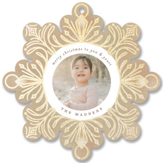 This is a brown holiday card ornament by Grae called holiday jewels with foil-pressed printing on recycled smooth signature in ornament.