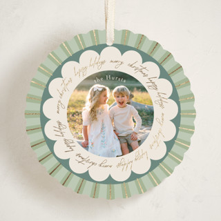 This is a evergreen holiday card ornaments with foil pressed by Kelly Williams called scalloped circle printing on recycled smooth signature in ornament