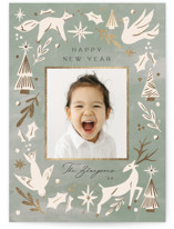 This is a green foil stamped holiday card by Amy Kross called All Creatures with foil-pressed printing on recycled smooth signature in standard.