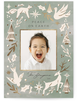 This is a green foil stamped holiday card by Amy Kross called All Creatures with foil-pressed printing on recycled smooth signature in standard.