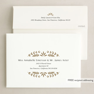 This is a eggnog foil pressed holiday cards with foil pressed by Amy Kross called festive folk printing on recycled smooth signature in standard