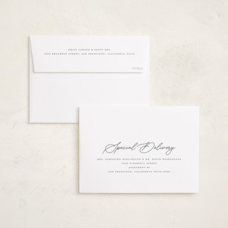 This is a sage foil pressed holiday cards with foil pressed by Melanie Kosuge called merry monoline printing on recycled smooth signature in standard