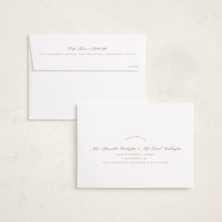 This is a dusty rose foil pressed holiday cards with foil pressed by Pink House Press called mr. and mrs. printing on recycled smooth signature in standard