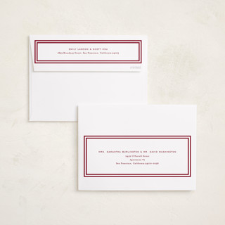 This is a cranberry foil pressed holiday cards with foil pressed by Kate Ahn called peppermint stripe printing on recycled smooth signature in standard