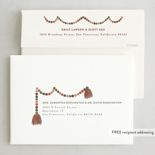 This is a apple cider foil pressed holiday cards with foil pressed by Joanna Griffin called pom pom garland printing on recycled smooth signature in standard