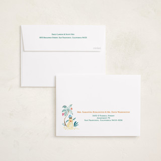 This is a peach punch foil pressed holiday cards with foil pressed by Sarah Knight called merry luau printing on recycled smooth signature in standard