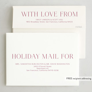 This is a cranberry foil pressed holiday cards with foil pressed by Kimberly Morgan called holiday photo grid printing on recycled smooth signature in standard