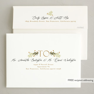 This is a lemon tart foil pressed holiday cards with foil pressed by Alethea and Ruth called joy wreath snapshots printing on recycled smooth signature in standard