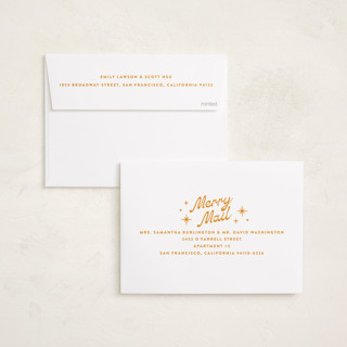 This is a butterscotch foil pressed holiday cards with foil pressed by Ekko Studio called nostalgia printing on recycled smooth signature in standard