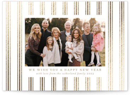 This is a brown foil stamped holiday card by Erin German called Ticking Stripe with foil-pressed printing on recycled smooth signature in standard.