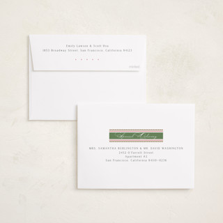 This is a wreath foil pressed holiday cards with foil pressed by Susan Zinader called swiss dot ribbon printing on recycled smooth signature in standard