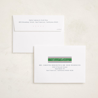 This is a preppy foil pressed holiday cards with foil pressed by Susan Zinader called swiss dot ribbon printing on recycled smooth signature in standard