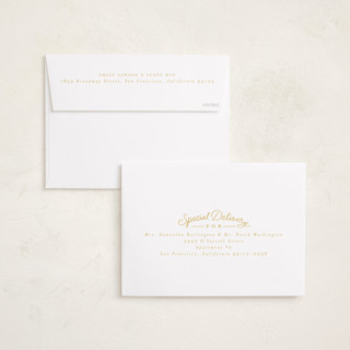 This is a golden foil pressed holiday cards with foil pressed by Everett Paper Goods called simply delighted printing on recycled smooth signature in standard