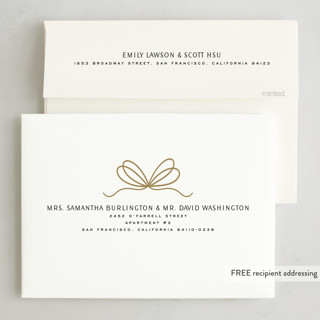 This is a champagne foil pressed holiday cards with foil pressed by Yuliya Evseeva called cute bow printing on recycled smooth signature in standard