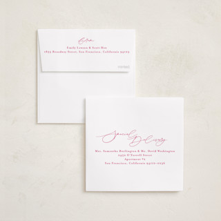 This is a raspberry foil pressed holiday cards with foil pressed by Tamara Hilje called holiday soneto printing on recycled smooth signature in standard