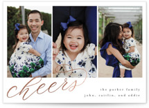 This is a white foil stamped holiday card by Katharine Watson called Three Cheers New Year with foil-pressed printing on smooth signature in standard.