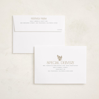 This is a snow foil pressed holiday cards with foil pressed by Owl and Toad called peace on earth sparkle printing on recycled smooth signature in standard