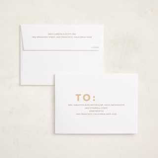 This is a champagne foil pressed holiday cards with foil pressed by Angela Thompson called modern type printing on recycled smooth signature in standard