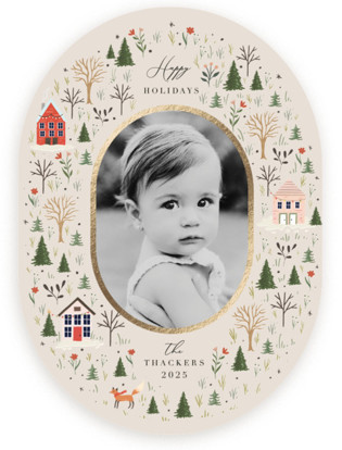 Winter Village Oval Foil-Pressed Holiday Cards
