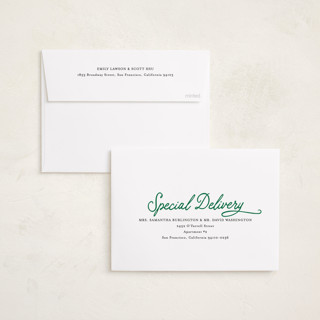 This is a emerald foil pressed holiday cards with foil pressed by Karidy Walker called classic christmas script printing on recycled smooth signature in standard