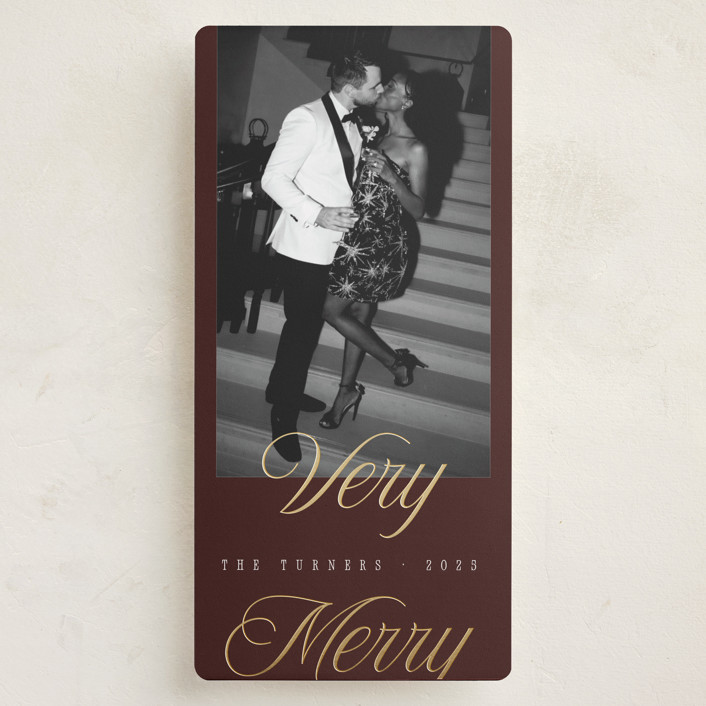 "Gilded Glam" - Foil-pressed Tall Holiday Cards in Merlot by Chryssi Tsoupanarias.