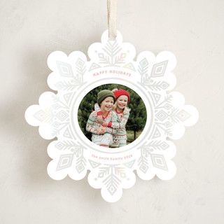 This is a blushing holiday card ornaments with gloss press by Jessie Steury called super snowflake printing on recycled smooth signature in ornament