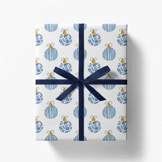This is a blue wrapping paper by Liesel Anne called blue chinoiserie ornaments holiday gift wrap [roll of 3 sheets] in standard