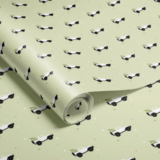 This is a green wrapping paper by tara berg called christmas jeep wrapping paper in standard