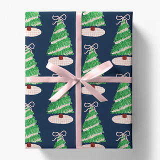 This is a blue wrapping paper by Liesel Anne called pink gingham christmas tree gift wrap in standard