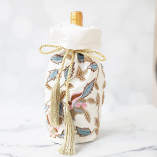 This is a multicolor wrapping paper by Courtney Bedi called white pink blue celebration gift wine bottle bag in standard