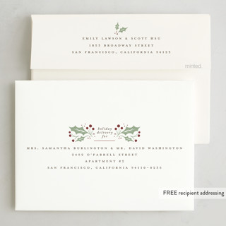 This is a holly berry letterpress holiday cards with letterpress by Wildfield Paper Co called holly berry wreath printing on bright white letterpress paper in standard