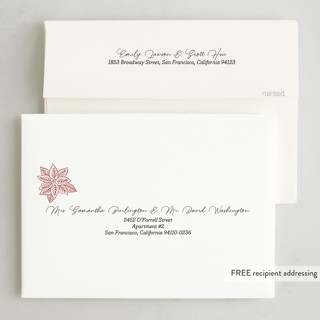 This is a merlot letterpress holiday cards with letterpress by Sarah Renee called line art poinsettias printing on bright white letterpress paper in standard