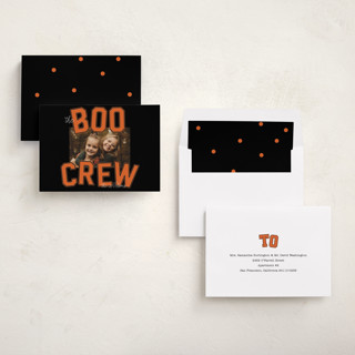 This is a pumpkin halloween party invitations cards with standard by Baumbirdy called varsity boo crew printing on recycled smooth signature in standard