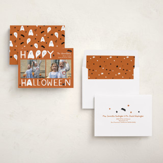 This is a pumpkin halloween party invitations cards with standard by Becky Nimoy called happy halloween ghosted printing on recycled smooth signature in standard