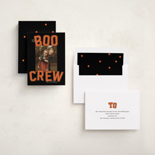 This is a pumpkin halloween party invitations cards with standard by Baumbirdy called varsity boo crew printing on recycled smooth signature in standard