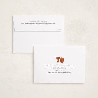 This is a pumpkin halloween party invitations cards with standard by Baumbirdy called varsity boo crew printing on recycled smooth signature in standard