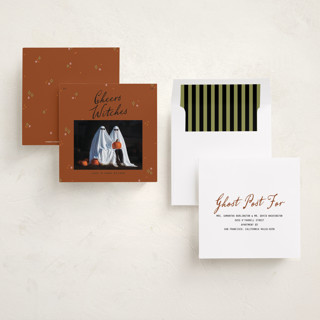 This is a pumpkin halloween party invitations cards with standard by Owl and Toad called cheers witches printing on recycled smooth signature in standard