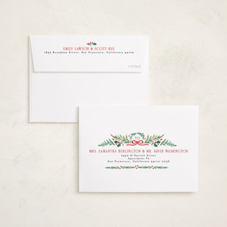 This is a festive petite holiday cards with standard by Alethea and Ruth called holiday pines printing on recycled smooth signature in petite
