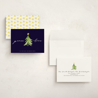 This is a navy petite holiday cards with standard by Erin Deegan called simple tree printing on signature in petite