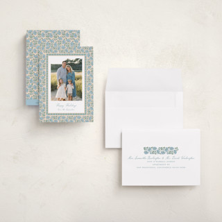 This is a blue jay petite holiday cards with standard by Creo Study called floral block print printing on recycled smooth signature in petite