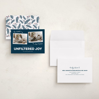 This is a navy petite holiday cards with standard by Erica Krystek called unfiltered joy printing on recycled smooth signature in petite