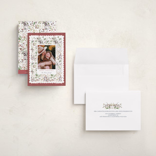 This is a berry petite holiday cards with standard by Kelly Ventura called wonderland floral printing on recycled smooth signature in petite