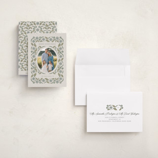 This is a cottage blue petite holiday cards with standard by Jen Owens called heritage wrap printing on recycled smooth signature in petite